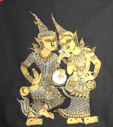 Unframed Vintage Framed Black Silk Thai Painting Pair Of Kinnara Goddess Playing Drums