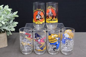 4 1977 McDonaldland Action Series Collectible Glasses And 2 Happy 50th Birthday Bugs Glasses