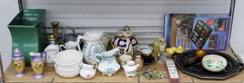 Varied Shelf Lot: Ceramic Vases & Serveware, Mah Jong Tiles, Trays, And More