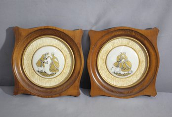 Pair Of Porcelain And 24kt Gold Enameled Wall Plaques In Wooden Frames