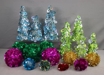 Group Lot Of Tinsel Tree And Ornaments