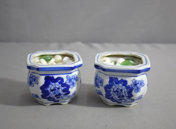 Pair Of Vintage Hand Painted Chinoiserie Blue And White Porcelain Planters