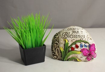 Decorative 'Count Your Blessings' Stone With Faux Grass Plant  Garden Or Indoor Accent