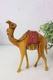 Hand Carved Wooden Camel Figurine With Blanket And Wood Link Reins