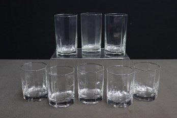 Group Lot Of Eight Sided Clear Glass Drinking Glasses - 3 Highball And 5 Old Fashioned