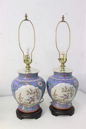 Pair Of Asian Ginger Jars Mounted As Lamps. Bird And Flower  On Wooden Bases