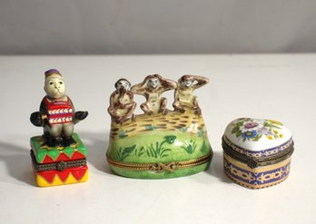 Set Of 3 Vintage Hand-Painted Porcelain Trinket Boxes  Circus, Monkeys, And Floral Themes