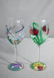 Set Of Two Hand-Painted Wine Glasses With Ladybug And Dragonfly Motifs