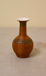 4.5' Vintage China Bottle Vase, Woven Bamboo Basket Covered White Porcelain