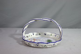 Hand-Painted Portuguese Maijolica Heart-Pierces Braided Handle Snowman Tray