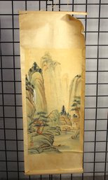 Vintage Asian Hanging Scroll Painting With Landscape And Calligraphy