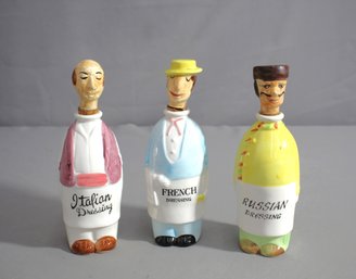 Three (3) Vintage NASCO Figural Italian, French And Russian Salad Dressing Bottles
