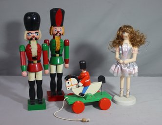 Group Of 4 Christmas Decor Figurines: Three Toy Soldiers And Sparkly Fairy With Wings And Wand