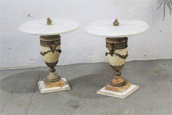 Pair Of Louis Style White Marble Top Cassolette Urn Tables On Marble Base