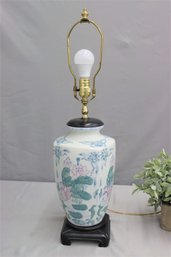 Chinese Porcelain Pink Lotus Blossom On White Ground Ginger Jar Lamp On Wood Scroll Foot Base