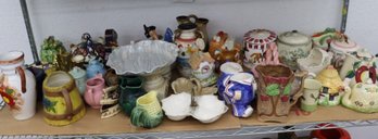 Shelf Lot Of Varied Pottery Pitchers, Tea/coffee Pots, Covered Canisters, And Vases