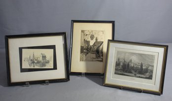 Trio Of Antique Framed Art Prints  Maritime, Townscape, And Landscape Scenes