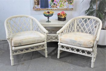 Pair Of Ficks Reed Rattan LATTICE BARREL CHAIRS And  FICKS REED End Table