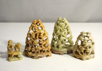 Set Of Four Hand-Carved Soapstone  Monkey Figurines  Detailed Group Sculptures