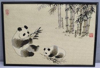 Vintage Large Chinoiserie Pandas And Bamboo Needlepoint