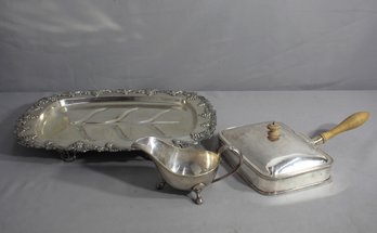 Assorted Lot Of Sliver-plated -Large Tray,gravy Boat,silent Butler