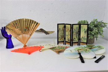Group Lot Of Asian Folding Hand Fans And Small Tabletop Folding Screen
