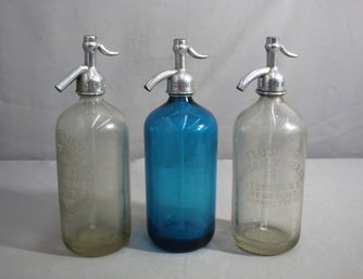Three Vintage Cobalt Blue And Two Clear Etched Seltzer Bottles