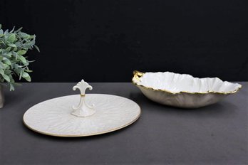 Lenox Porcelain Chateau Center Handle Server AND Lenox Porcelain Woodleaf Gold Handle Cabbage Bowl