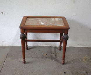 Vintage Carved Wood Side Table With Marble Top