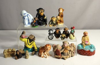 Collection Of 17 Monkey-Themed Figurines  Ceramic, Porcelain, And Resin