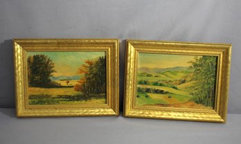 Pair Of Pastoral Landscape Oil Painting On Board  In Gilt Frames