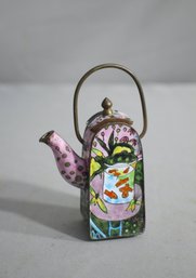 Charming Enamel And Brass Miniature Teapot - Hand-Painted Fish Design