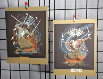 Pair Of Unframed Frank Vigil American Apache Artist Pair Silkscreen Prints Spirit Dancers