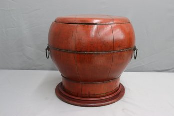 Antique Chinese Red Lacquered Staved Beech Rice Tub From Zhejiang Province, With COA