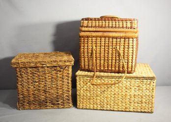 Group Lot Of 3 Lidded Wicker Baskets