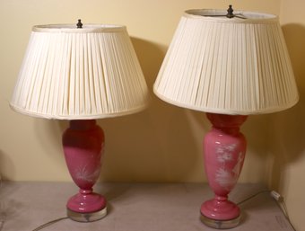 Pair Of Antique Pink Opaline Vase Mounted As Lamps With A Glass Base