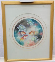 Gorgeous Framed Three Koi Fish Artwork By John Cheng, Round Border, Reproduction