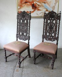 Pair Of Victorian English Oak Carved Side Chairs With Needlepoint Seats