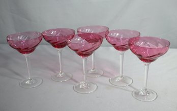 Set Of Six Vintage 1950s Crystal Cranberry Wine Glasses
