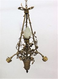 Vintage Brass Hanging Woven Rose Basket Chandelier With 2 Arms And White Glass Flame Shade Uplight