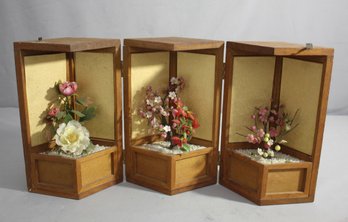 Trio Of Wooden Shadow Boxes With Floral Arrangements