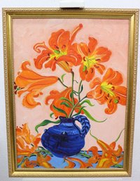 Fabulous Orange Crush Open Lilies On Pastel Rose Ground Original Acrylic On Canvas, Signed And Framed-Vintage