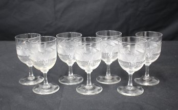 Set Of Seven Antique Clear Pressed Glass Wine Glasses