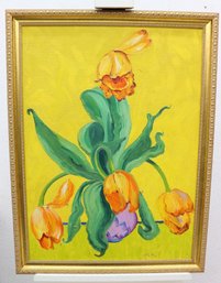 Riotous Tangerine Tulips On Golden Chartreuse Ground Original Acrylic On Canvas, Signed And Framed