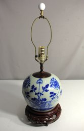 Vintage Blue And White Porcelain Ginger Jar Table Lamp With Carved Wood Base  Damaged Base