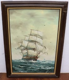 Vintage Framed Oil On Canvas Sailing Ship Painting, Signed LR (partially Obstructed)