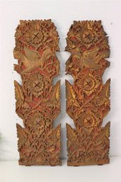 Pair Of Carved And Painted Wooden Panels With Bird And Leaf Motif