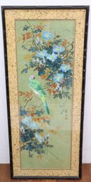 Joyous Blue Flowers/Green Parrot Japanese Watercolor, Signed And Marked (black/Red)