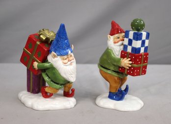 Two (2) Gnome Elf Carrying Christmas Presents FIGURINE Ceramic