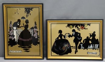 Vintage Romantic Silhouette Prints 'The Dance' And 'at The Garden Gate', Framed